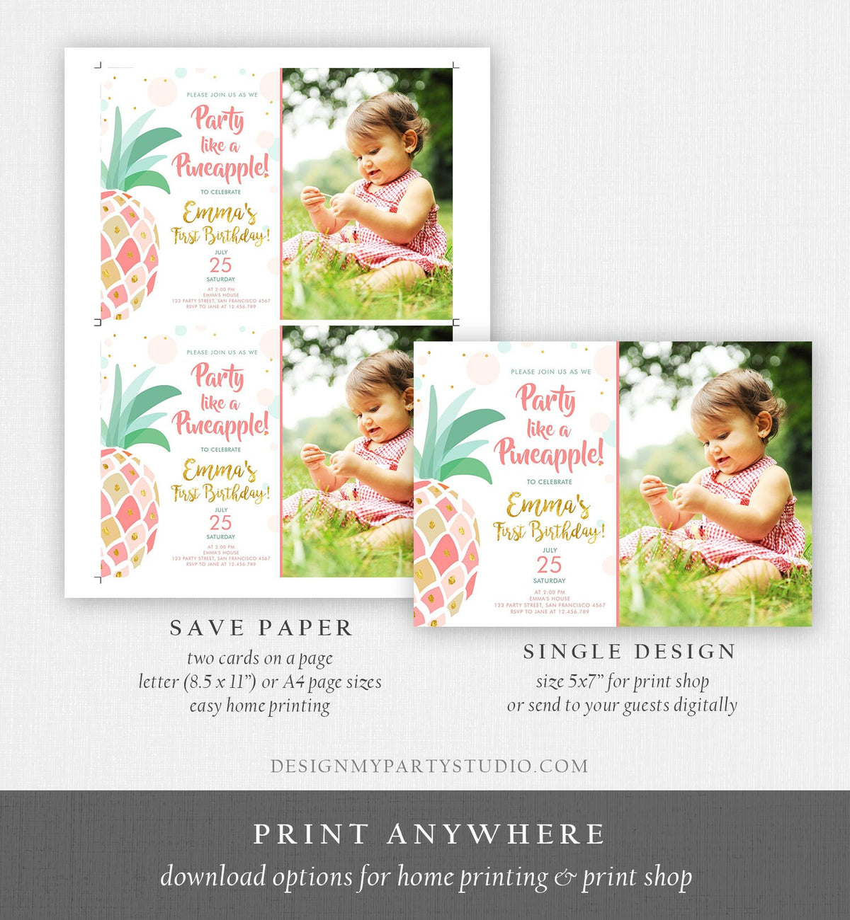 Editable Pineapple Birthday Invitation Party like a Pineapple Aloha Tropical Luau Party Girl First Birthday Gold Pink Corjl Template 0202