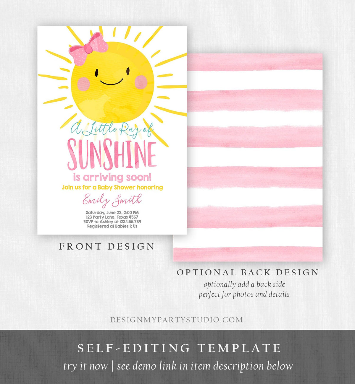 Editable A Ray of Sunshine Baby Shower Invitation Little Sunshine Pink Girl Bow Baby Girl Download Digital Corjl Template Printable 0141