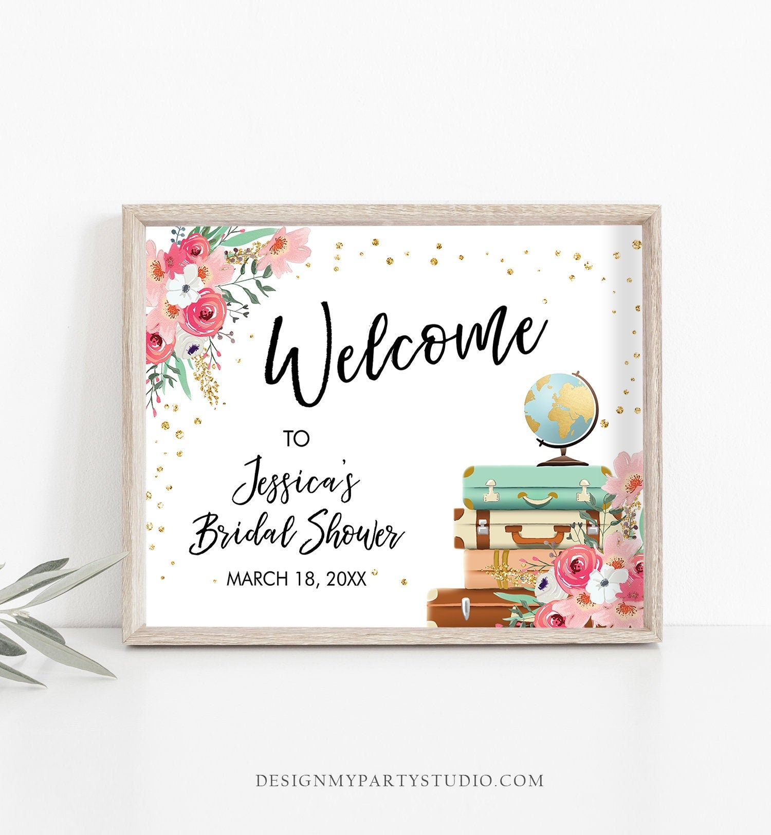 Editable Travel Adventure Welcome Sign Bridal Shower Love is a Journey Floral Pink Gold Suitcases Digital Download Template Printable 0030