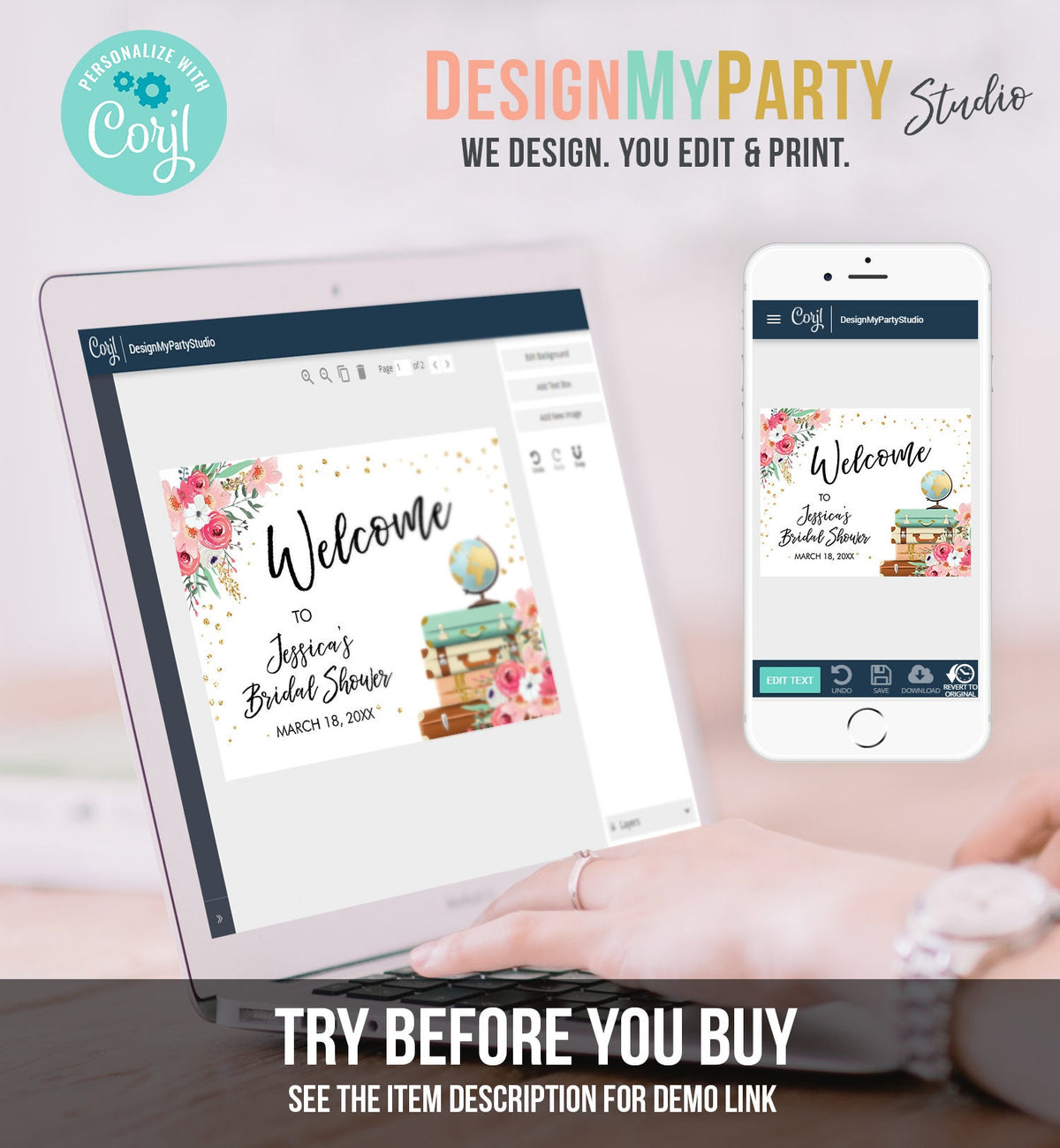 Editable Travel Adventure Welcome Sign Bridal Shower Love is a Journey Floral Pink Gold Suitcases Digital Download Template Printable 0030