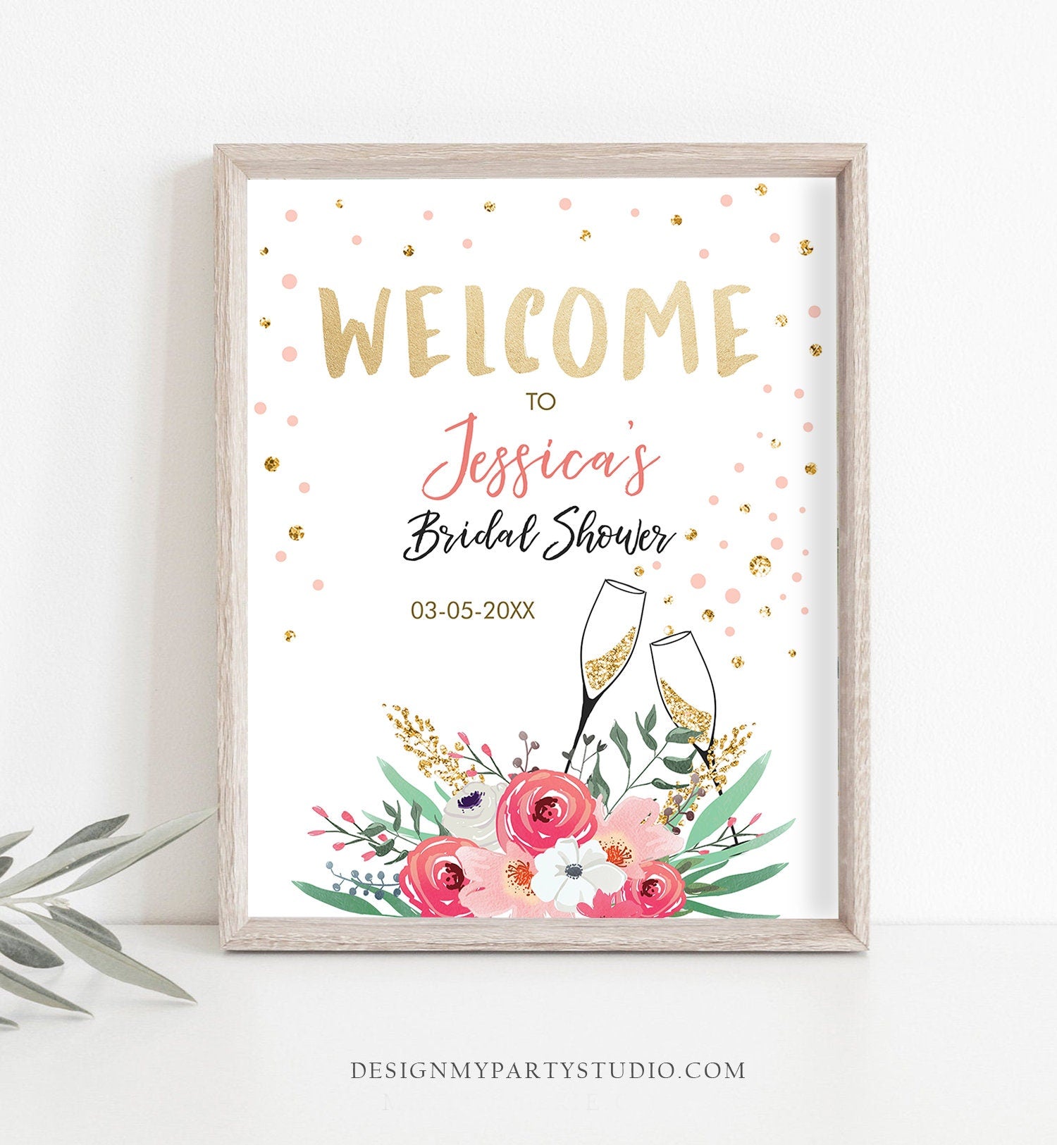 Editable Brunch and Bubbly Welcome Sign Bridal Shower Pink Floral Flowers Gold Confetti Champagne Download Corjl Template Printable 0318