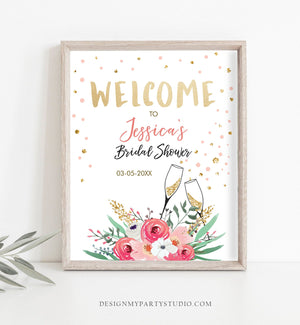 Editable Brunch and Bubbly Welcome Sign Bridal Shower Pink Floral Flowers Gold Confetti Champagne Download Corjl Template Printable 0318