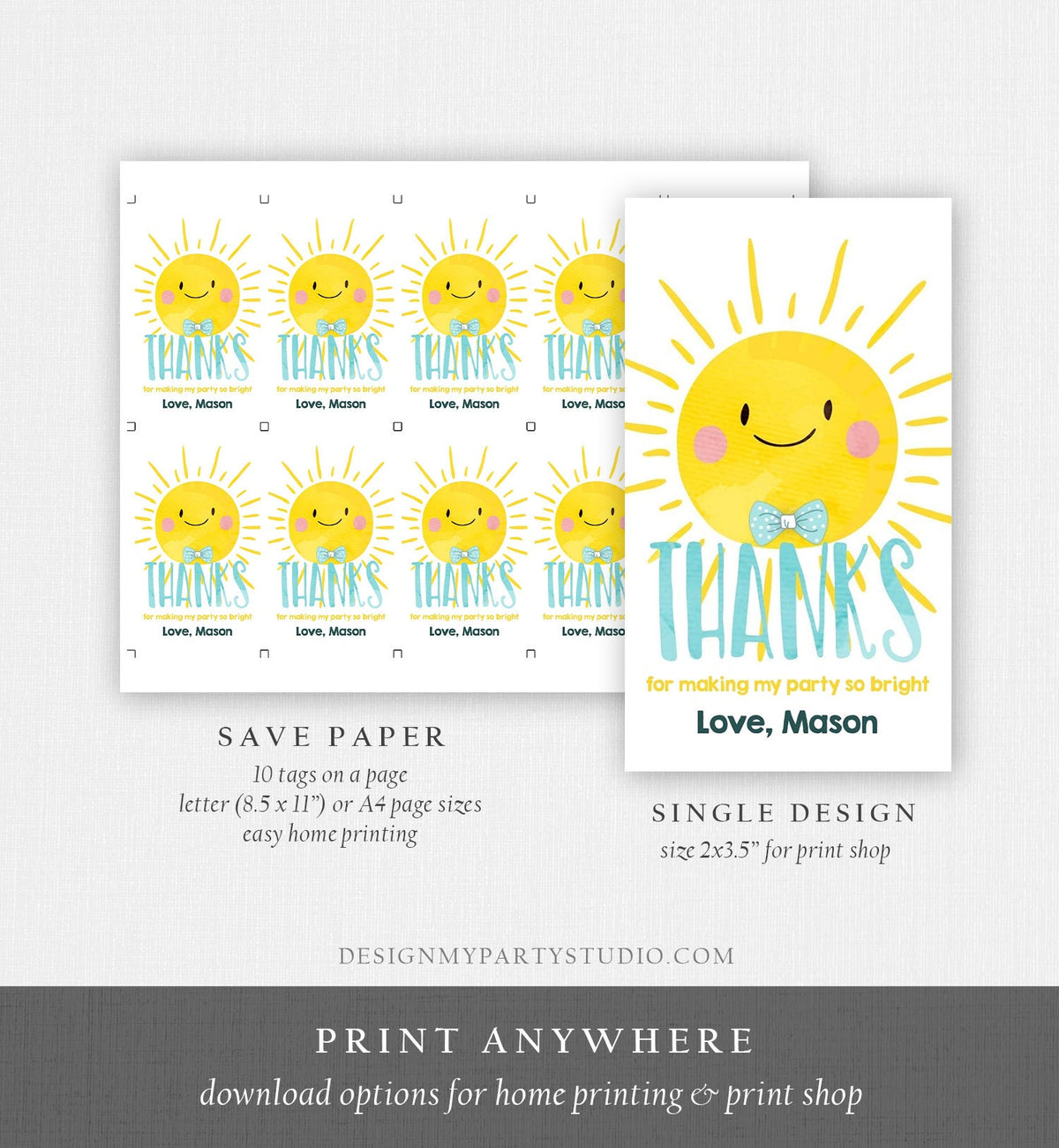 Editable Sunshine Favor Tag Little Sunshine Birthday Thank You Tag Boy Summer Sunshine Party Tags Digital Download Template Printable 0141
