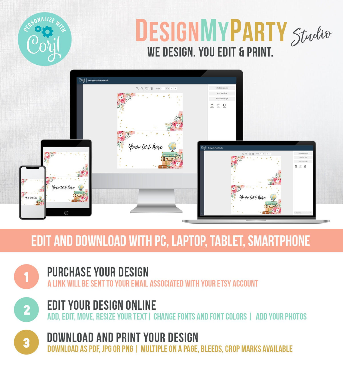 Editable Travel Adventure Food Labels Place Card Tent Card Escort Card Bridal Shower Pink Floral Digital Download Template Printable 0030