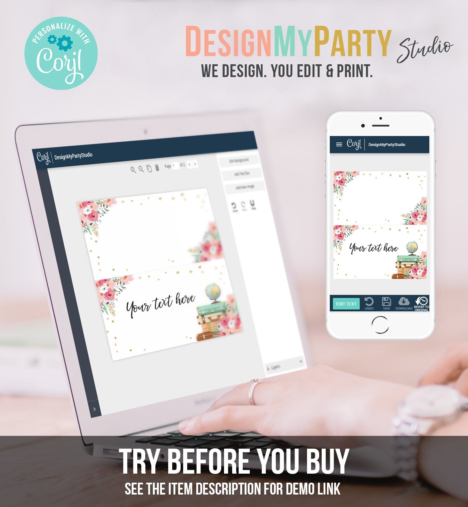 Editable Travel Adventure Food Labels Place Card Tent Card Escort Card Bridal Shower Pink Floral Digital Download Template Printable 0030