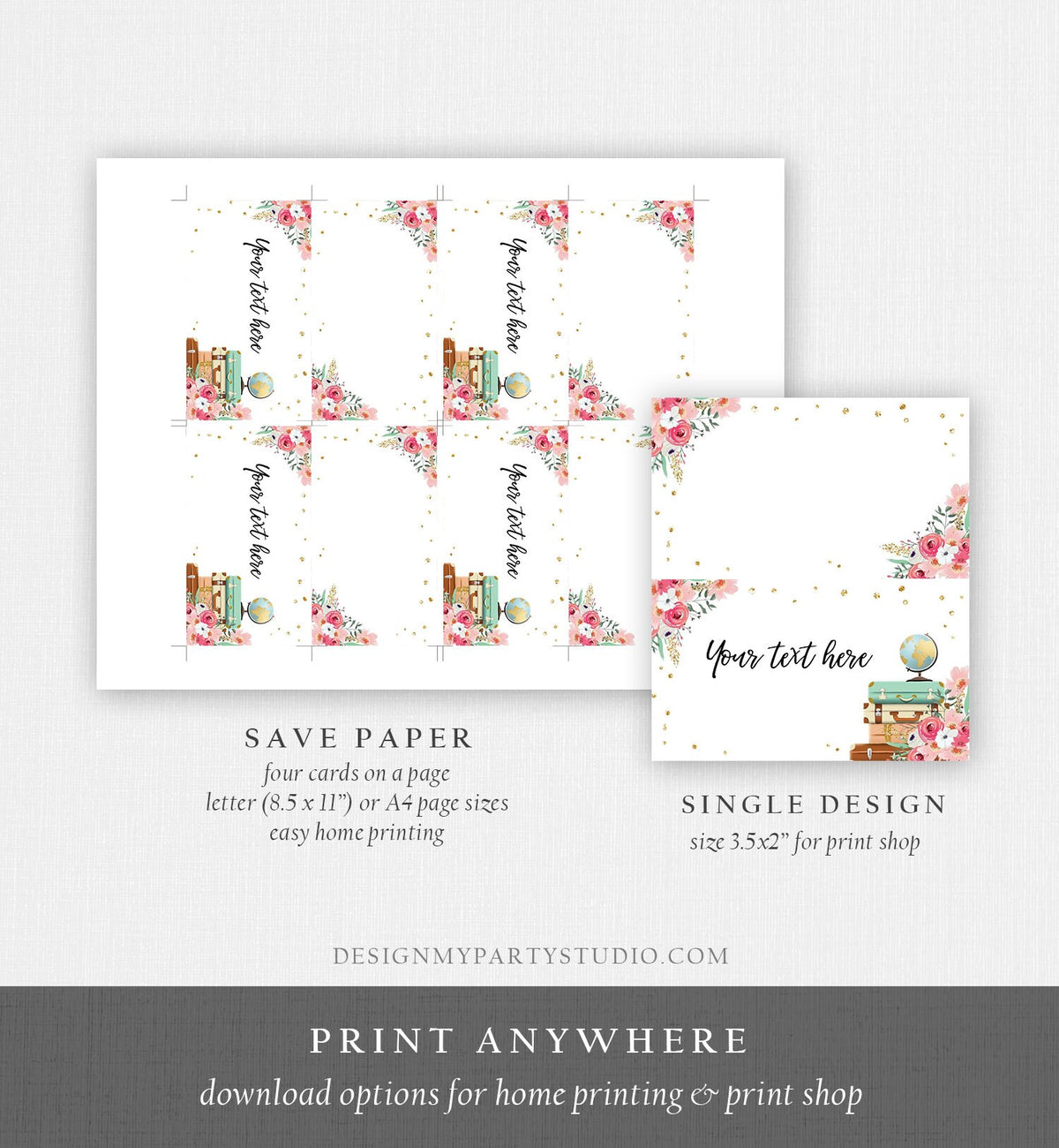 Editable Travel Adventure Food Labels Place Card Tent Card Escort Card Bridal Shower Pink Floral Digital Download Template Printable 0030