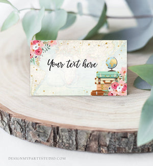 Editable Travel Adventure Food Labels Place Card Traveling to Mrs Tent Card Escort Bridal Shower Pink Floral Corjl Template Printable 0030
