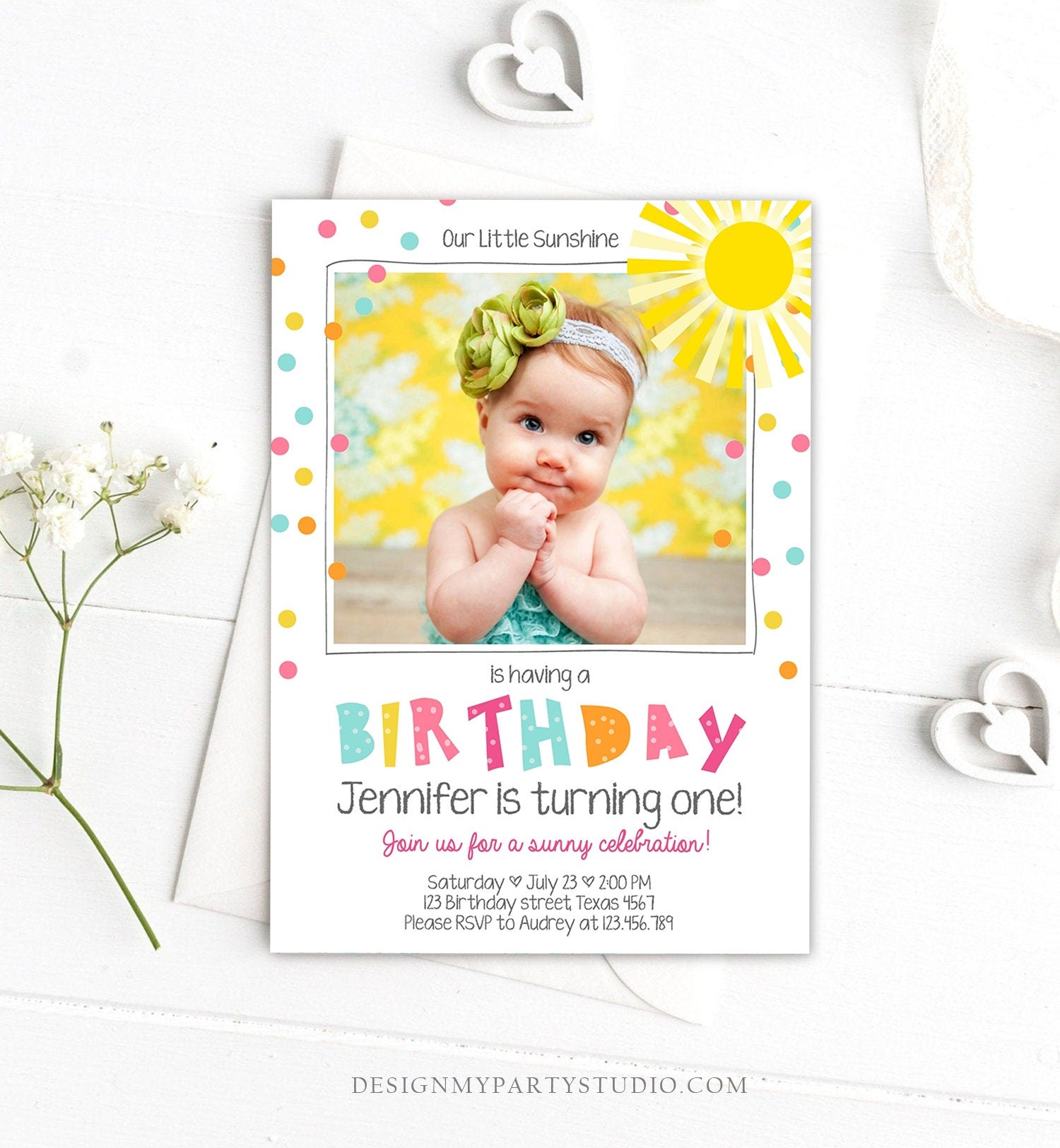 Editable Birthday Invitation Our Little Sunshine You Are My Sunshine Pink Girl Confetti Rainbow Printable Invite Template Corjl 0215