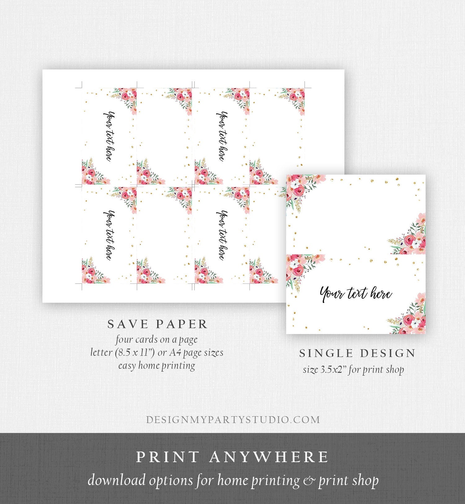 Editable Floral Food Labels Place Card Tent Card Insert Card Bridal Shower Pink Flowers Gold Confetti Digital Template Printable 0030 0318