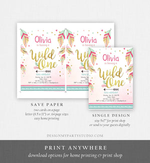 Editable Wild One Invitation Tribal Feathers Girl Pink Teal Gold First Birthday 1st Boho Digital Download Corjl Template Printable 0038