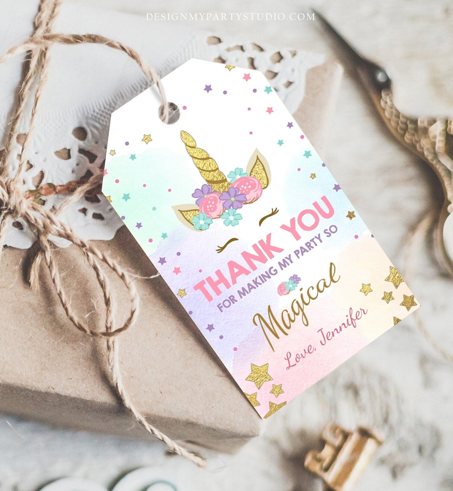 Editable Unicorn Favor Tag Unicorn Magical Birthday Thank You Tag Label Rainbow Magical Celebration Pink Gold Corjl Template Printable 0041