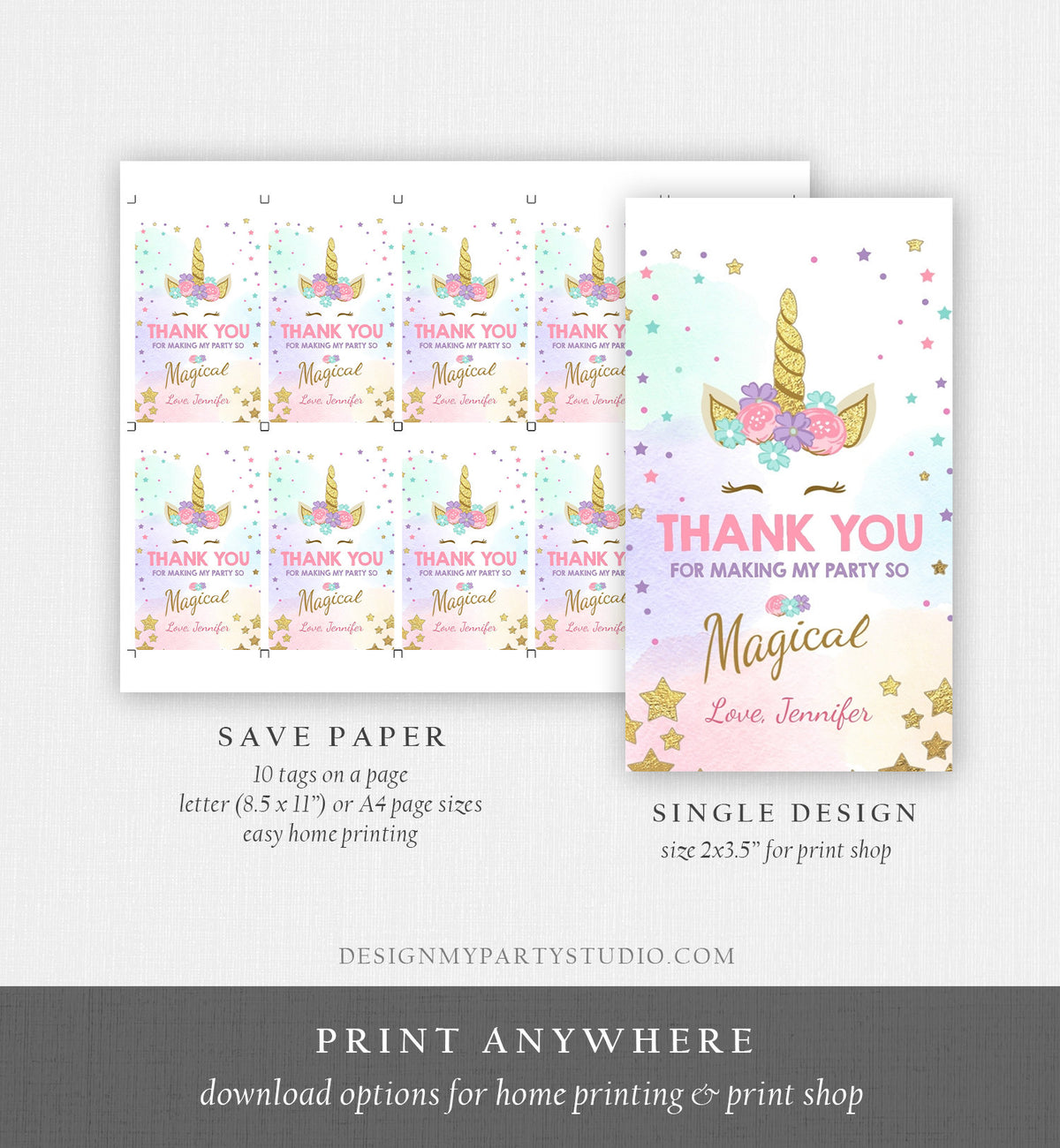 Editable Unicorn Favor Tag Unicorn Magical Birthday Thank You Tag Label Rainbow Magical Celebration Pink Gold Corjl Template Printable 0041