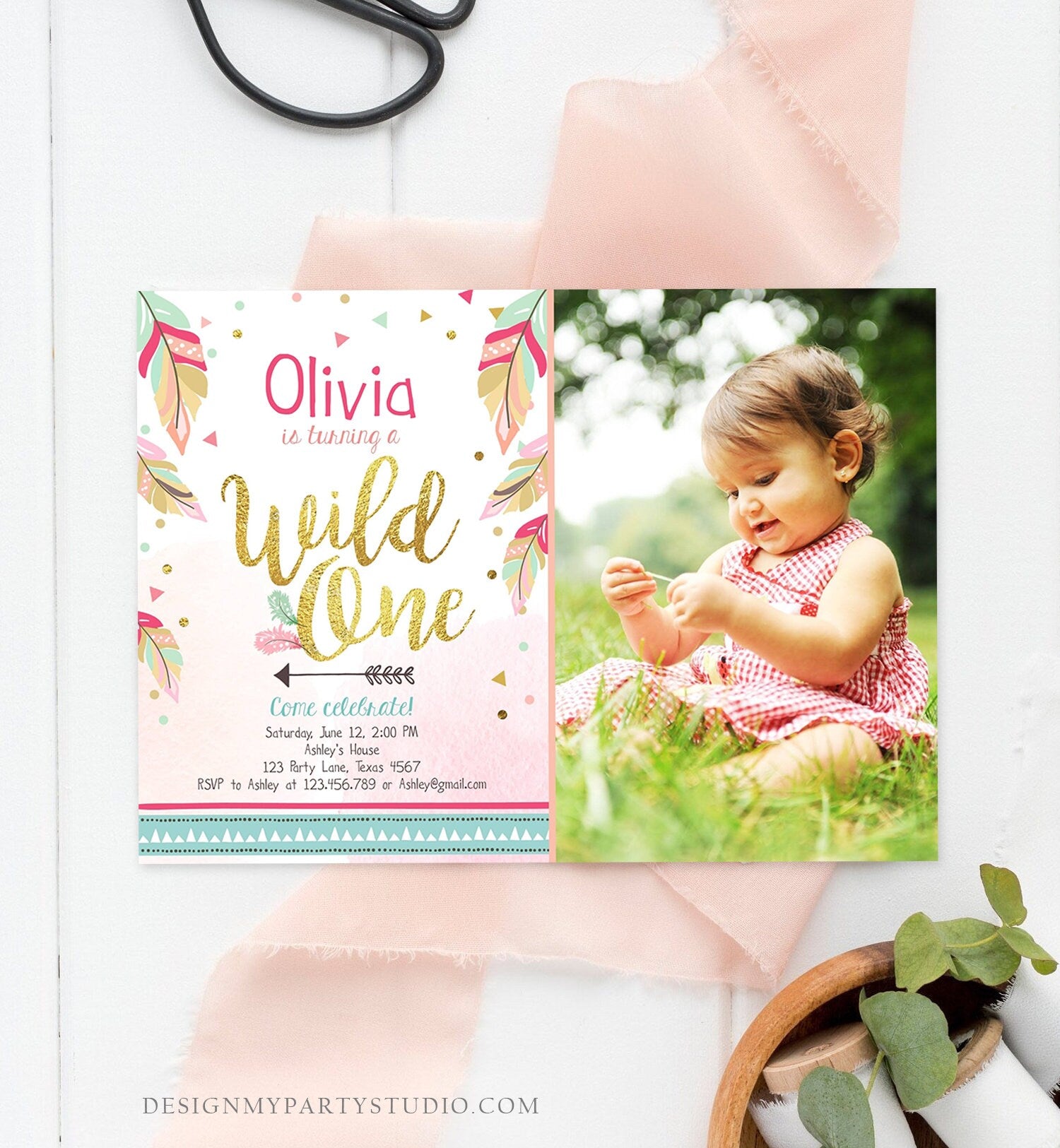 Editable Wild One Invitation Tribal Feathers Girl Pink Teal Gold First Birthday 1st Photo Boho Download Corjl Template Printable 0038