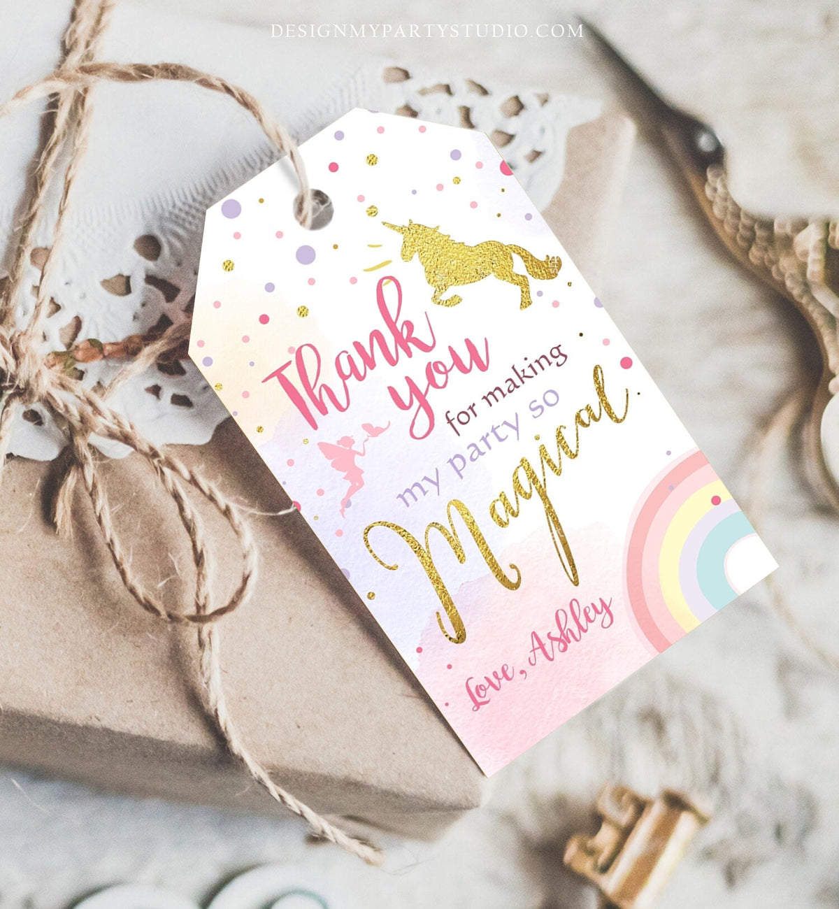 Editable Unicorn Favor Tags Magical Unicorn Birthday Thank you tags Label Rainbow Unicorn Gift tags Pink gold Template PRINTABLE Corjl 0041