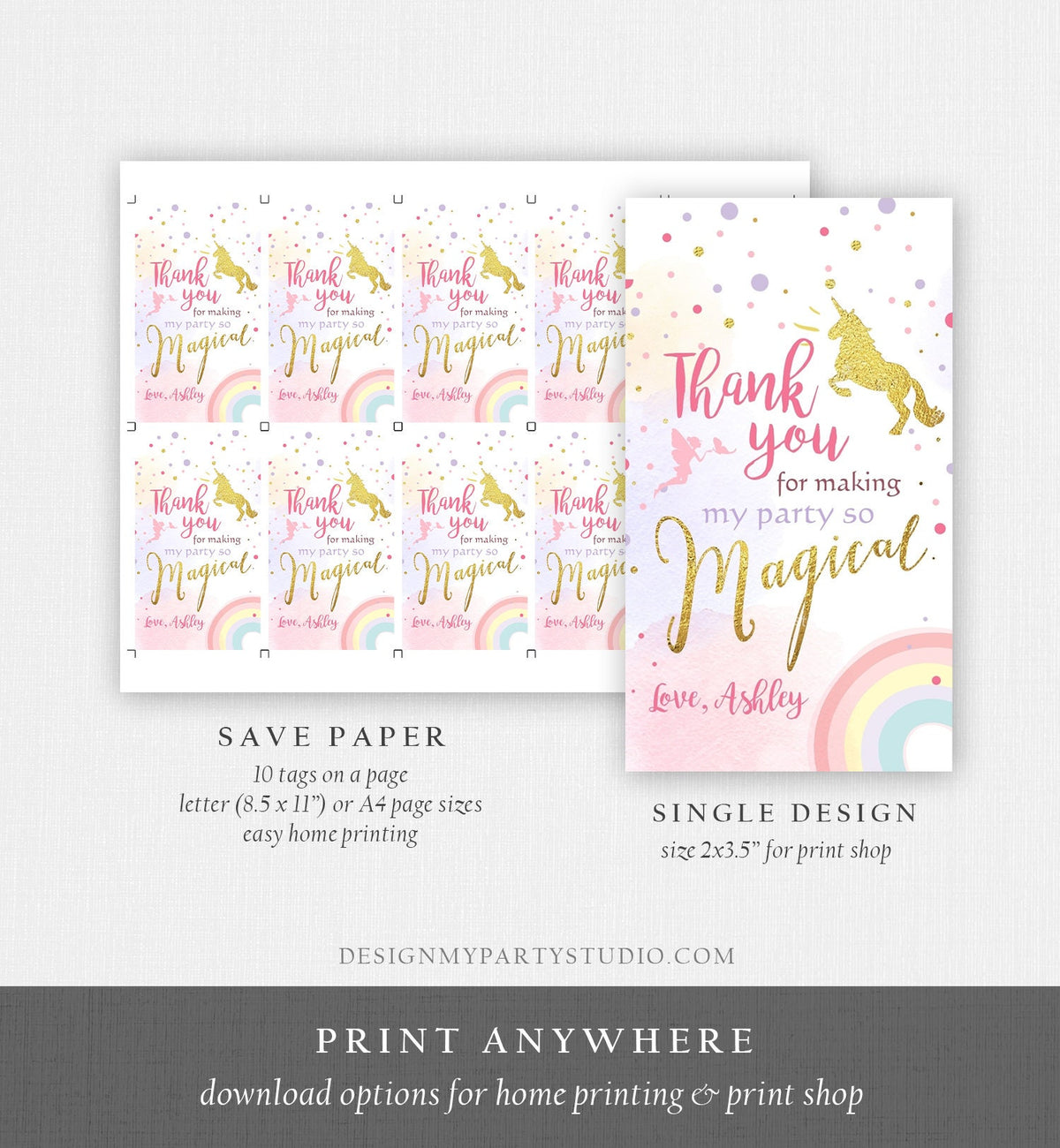 Editable Unicorn Favor Tags Magical Unicorn Birthday Thank you tags Label Rainbow Unicorn Gift tags Pink gold Template PRINTABLE Corjl 0041