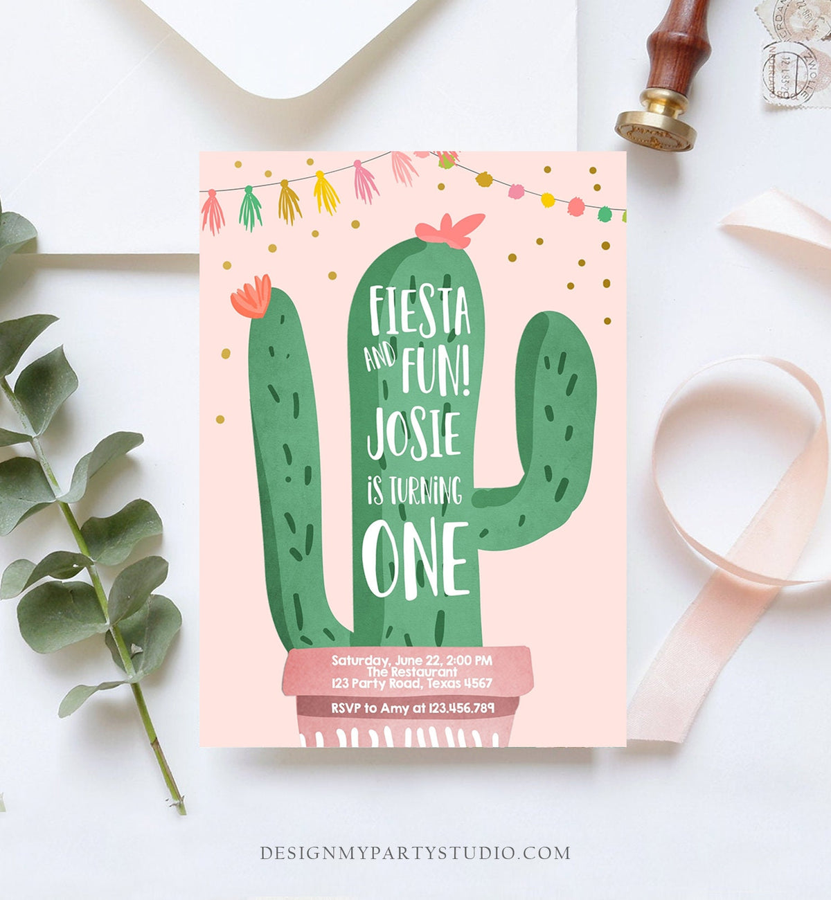 Editable Cactus Fiesta Birthday Invitation Girl Pink First Birthday Succulent 1st Mexican Fiesta Fun Evite Download Template Printable 0255