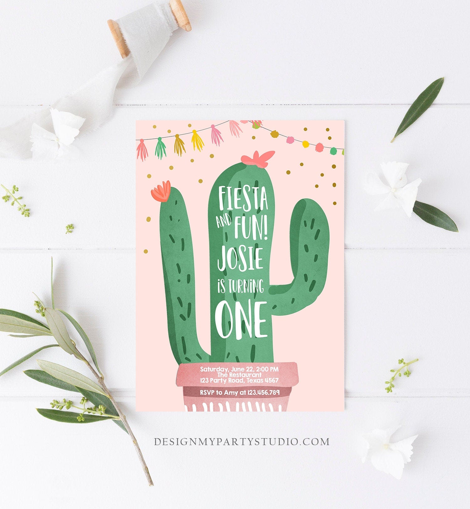 Editable Cactus Fiesta Birthday Invitation Girl Pink First Birthday Succulent 1st Mexican Fiesta Fun Evite Download Template Printable 0255