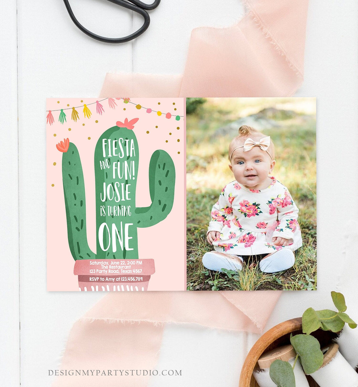 Editable Cactus Fiesta Birthday Invitation Girl Pink First Birthday Succulent 1st Mexican Fiesta and Fun Corjl Photo Template Printable 0255