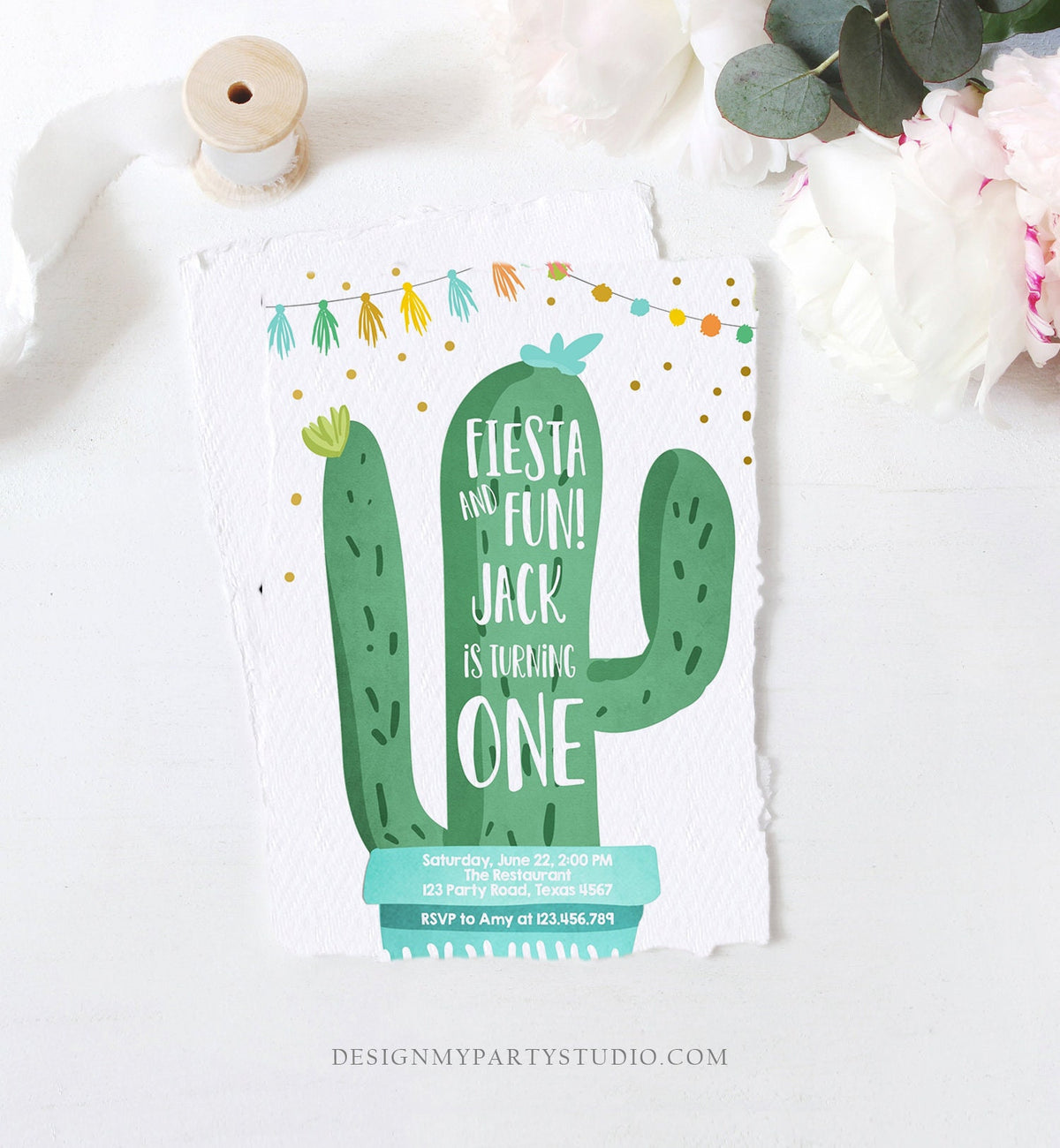 Editable Fiesta and Fun Birthday Invitation Boy Blue First Birthday Cactus Succulent 1st Mexican Digital Download Template Printable 0255