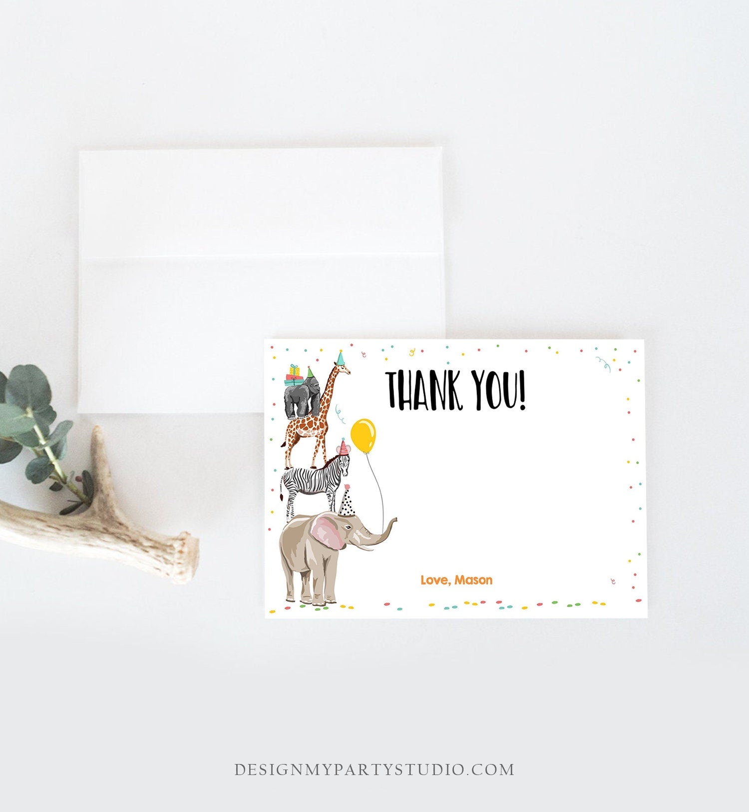 Editable Party Animals Thank You Card Note Wild One Safari Animals Boy Confetti Balloon Jungle Zoo Download Corjl Template Printable 0142