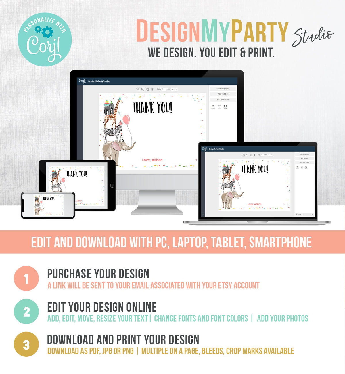 Editable Party Animals Thank You Card Note Wild One Safari Animals Girl Confetti Balloon Jungle Zoo Digital Download Template Printable 0142