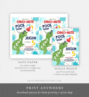 Editable Dinosaur Pool Party Birthday Invitation Dinosaur Birthday Dino T-Rex Boy Bash Download Printable Invitation Template Corjl 0305