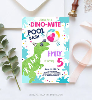 Editable Dinosaur Pool Party Birthday Invitation Dinosaur Birthday Dino T-Rex Girl Bash Download Printable Invitation Template Corjl 0305