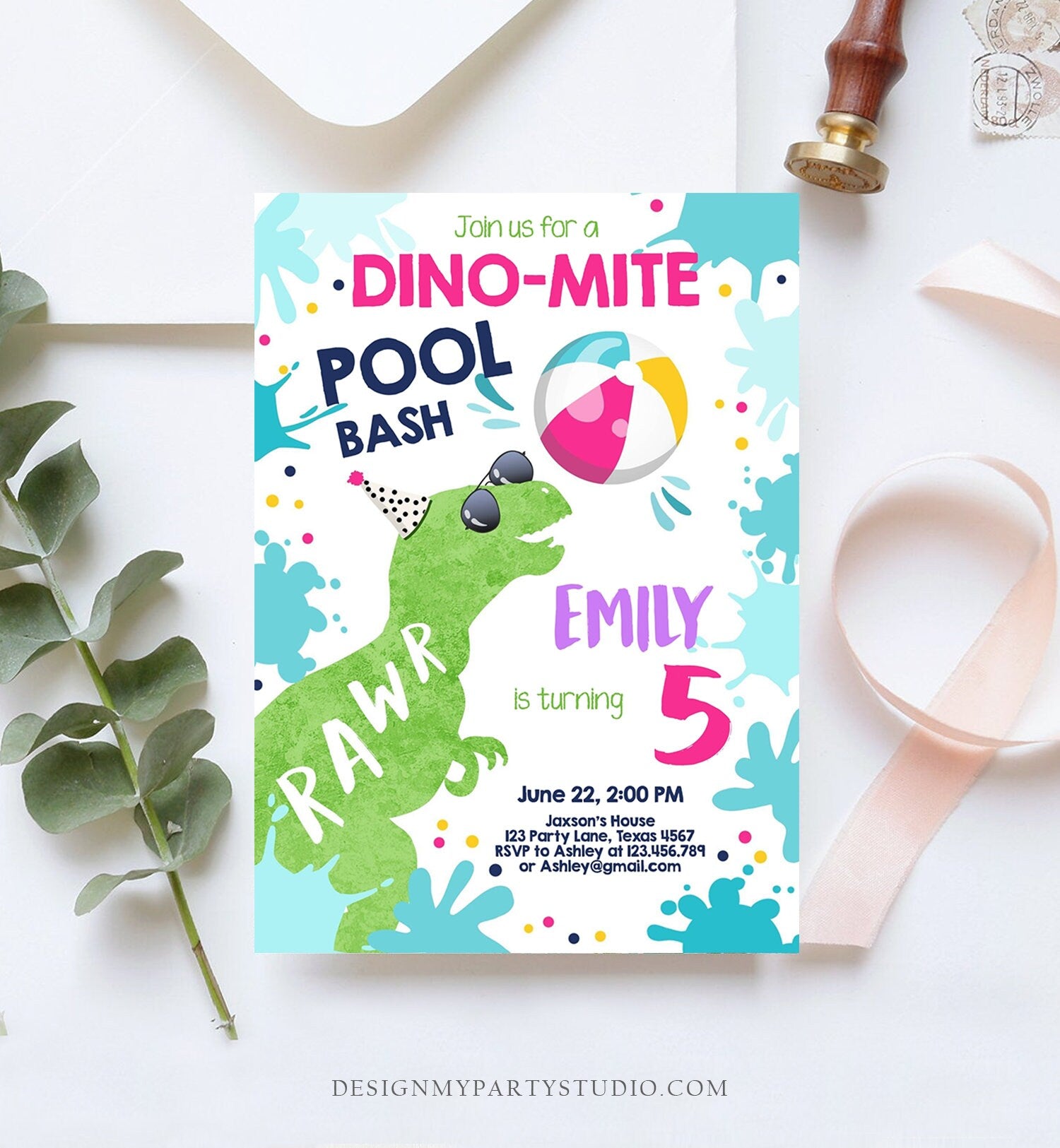 Editable Dinosaur Pool Party Birthday Invitation Dino-Mite Summer Splish Splash Dino T-Rex Girl Digital Download Template Printable 0305