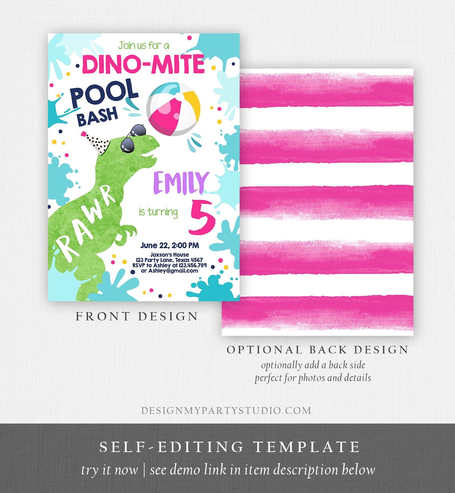 Editable Dinosaur Pool Party Birthday Invitation Dino-Mite Summer Splish Splash Dino T-Rex Girl Digital Download Template Printable 0305