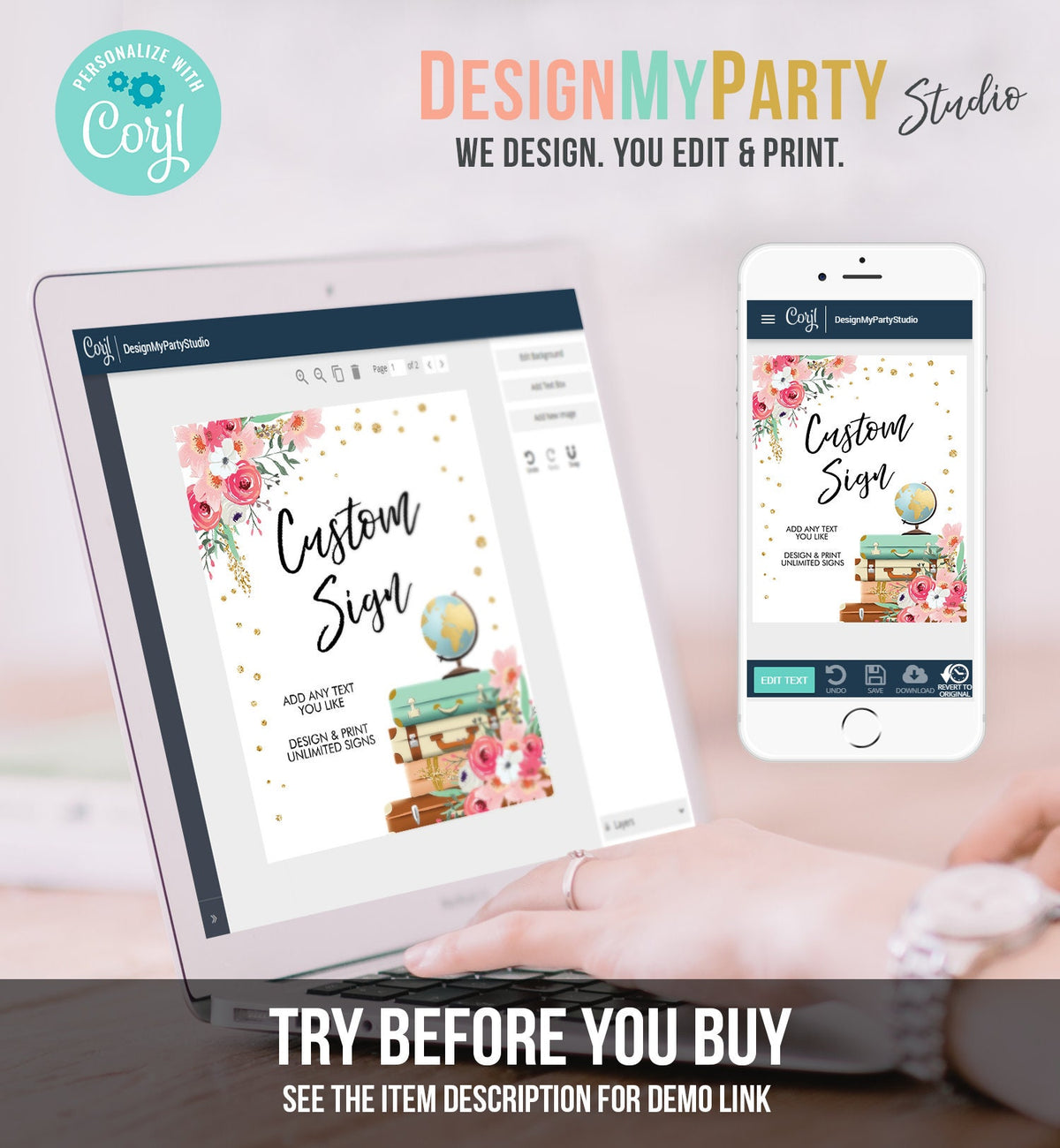 Editable Custom Sign Floral Travel Adventure Bridal Shower Traveling Pink Floral Suitcases Globe Digital Download Template Printable 0030