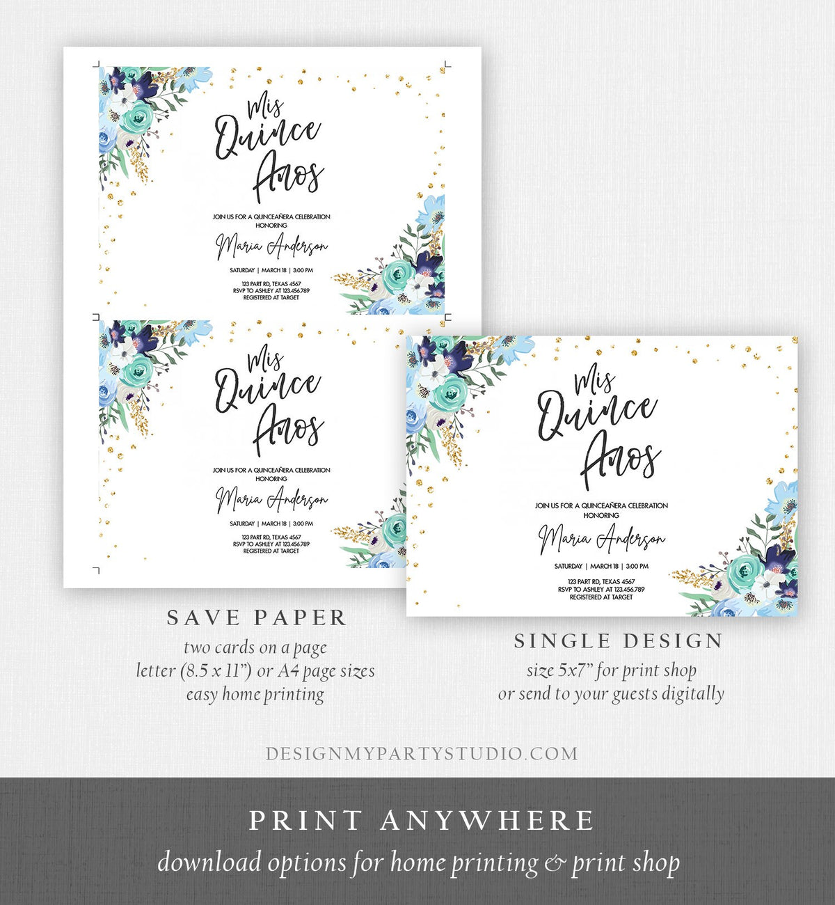 Editable Quinceañera Mis Quince Años Birthday Party Invitation Floral Royal Blue Gold Confetti Flowers Printable Template Corjl 0030