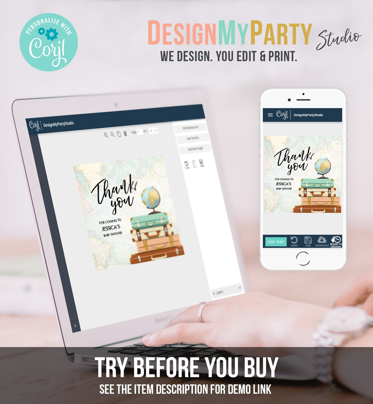 Editable Travel Thank You Tag Adventure Bridal Shower Favor Labels Adventure Round Stickers Suitcases Download Corjl Template PRINTABLE 0263