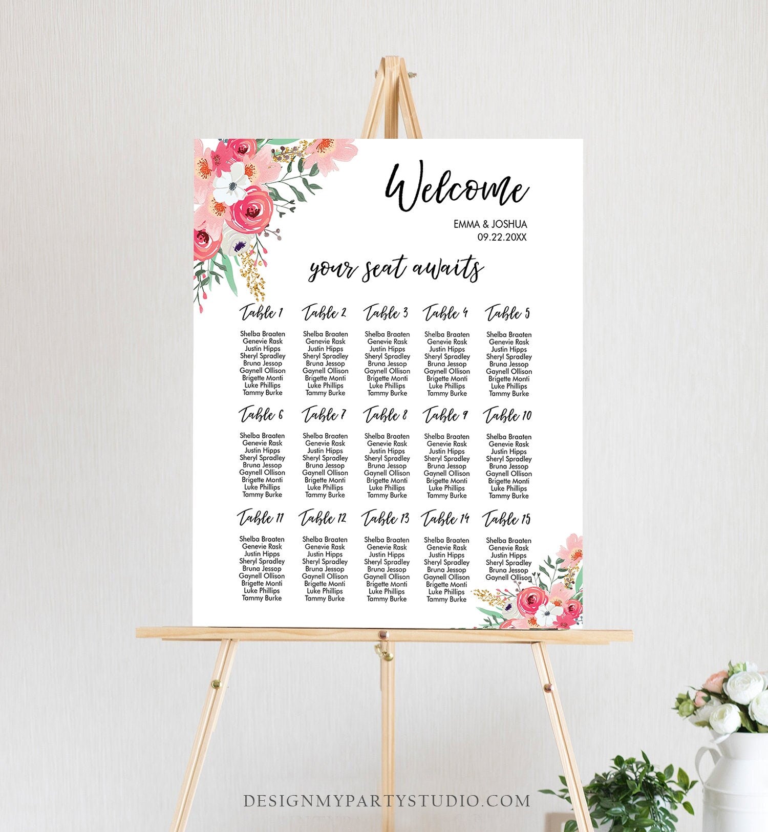Editable Seating Chart Template Wedding Seating Sign Bridal Shower Floral Table Pink Gold Instant Download Printable Corjl 0030 0318