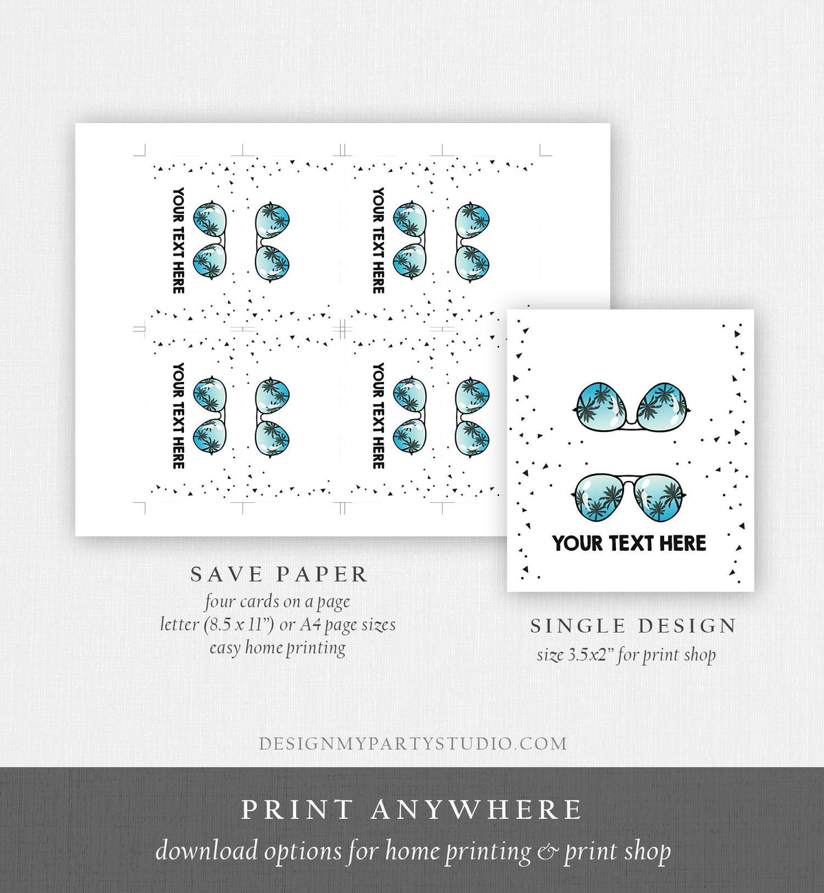 Editable Two Cool Food Labels Sunglasses Place Card Tent Card Escort Card 2nd Birthday Summer Pool Party Corjl Template Printable 0136