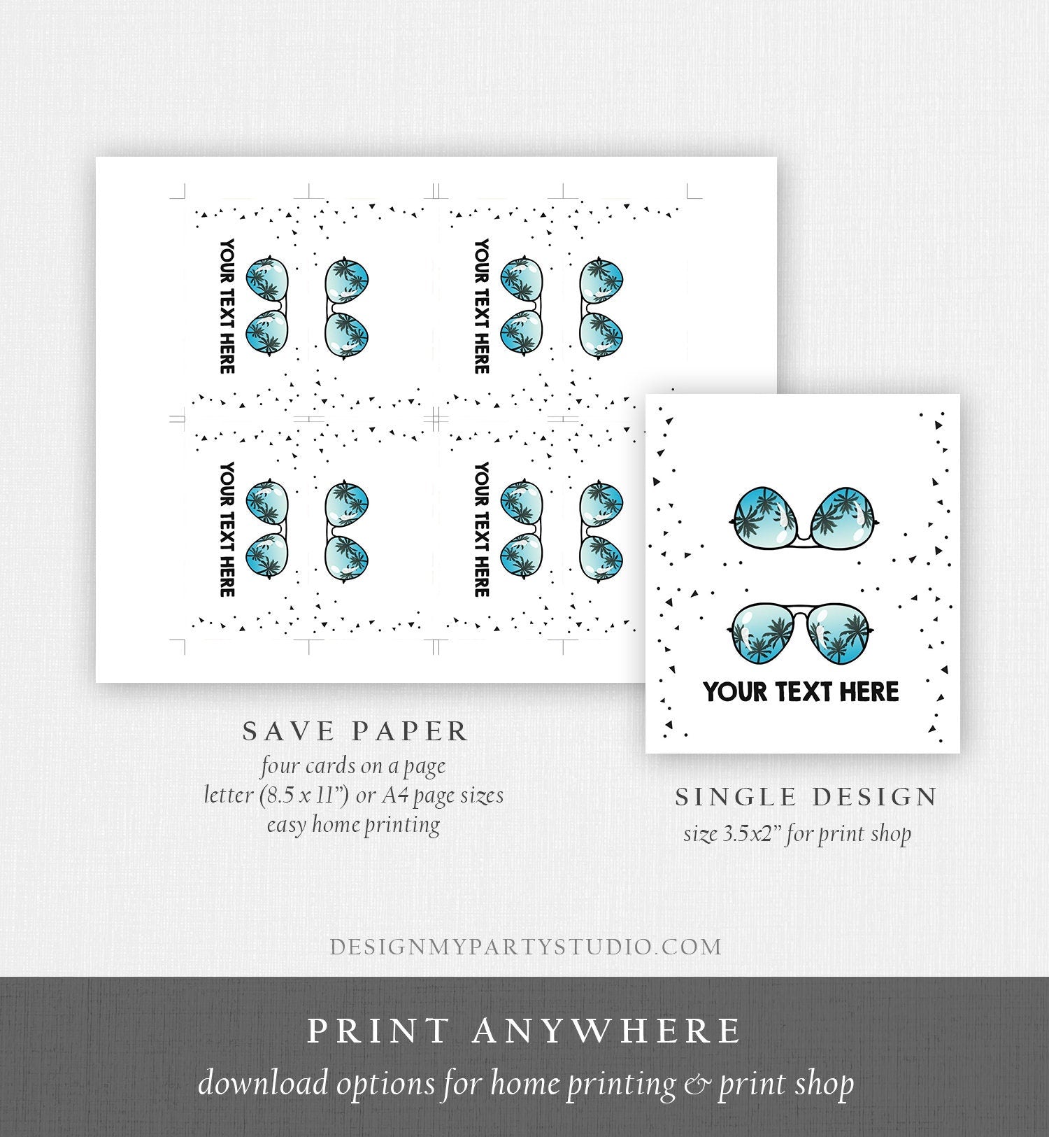 Editable Two Cool Food Labels Sunglasses Place Card Tent Card Escort Card 2nd Birthday Summer Pool Party Corjl Template Printable 0136