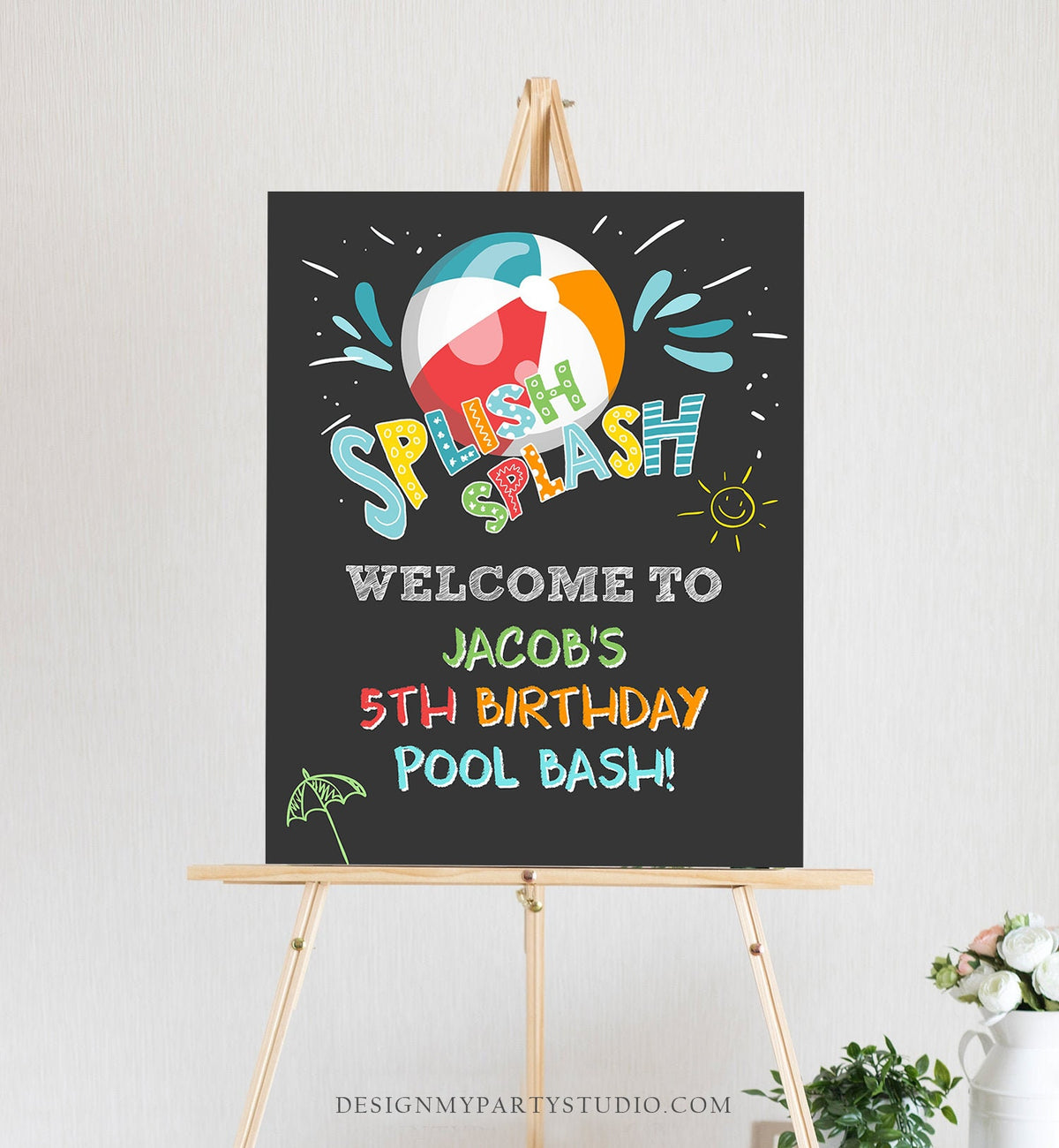 Editable Pool Party Welcome Sign Pool Party Birthday Beach Ball Pool Bash Boy Welcome Splish Splash Digital Download Template Printable 0169