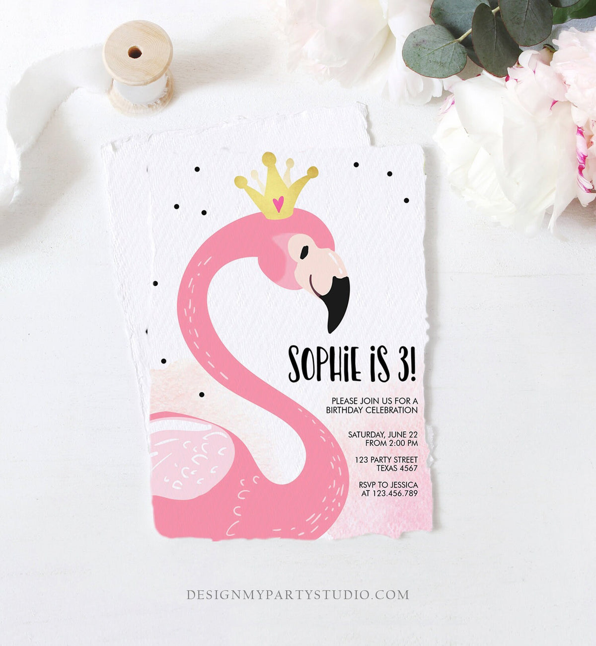 Editable Flamingo Birthday Invitation Tropical Party Invite Girls Summer Pink Gold Crown Instant Download Printable Template Corjl 0019
