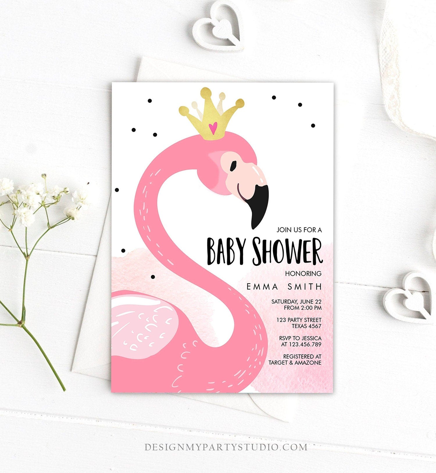 Editable Flamingo Baby Shower Invitation Pink and Gold Girl Baby Shower Tropical Luau Download Printable Invitation Template Corjl 0019