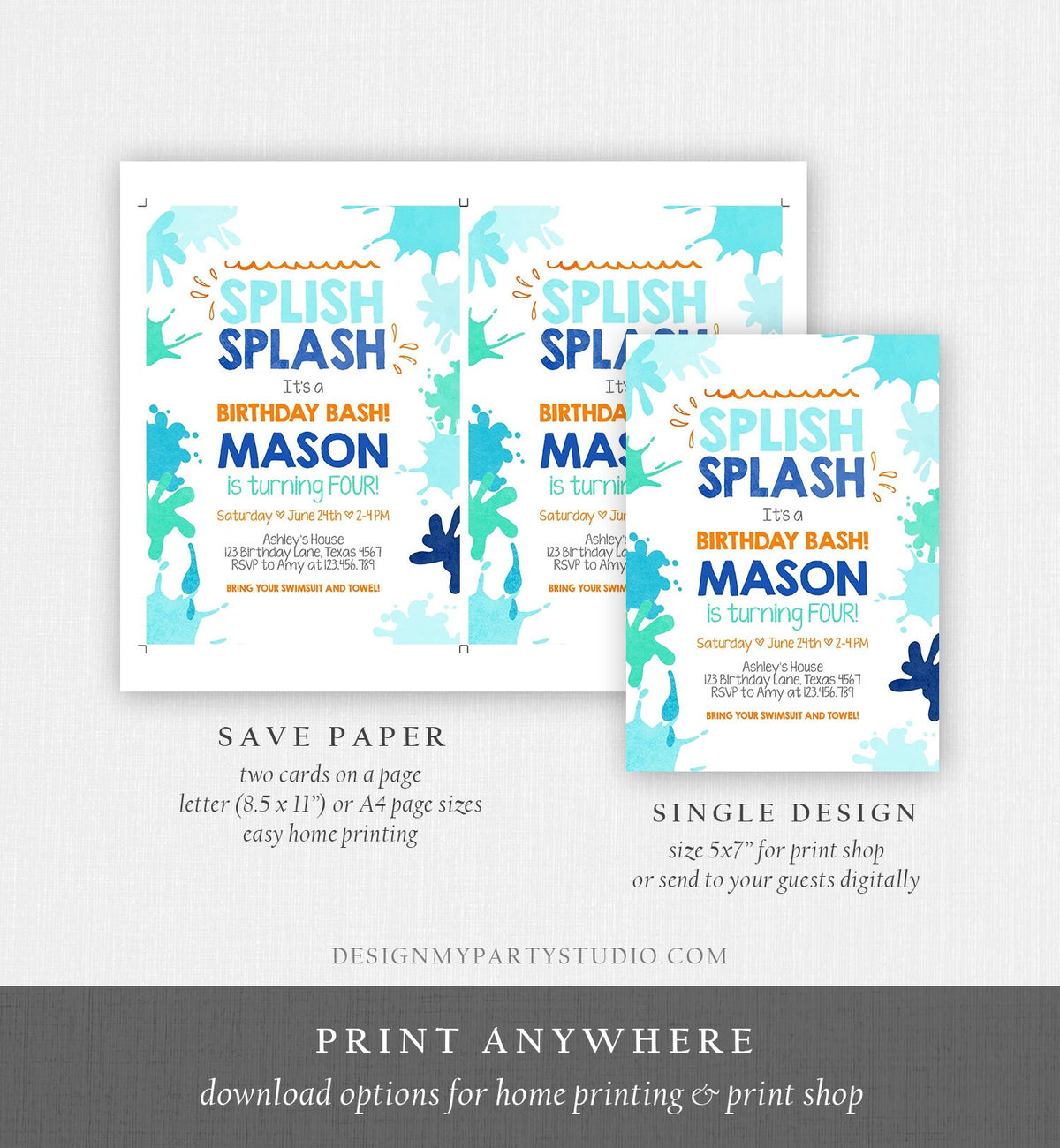 Editable Pool Party Invitation Splish Splash Birthday Invite Pool Party Bash Beach Swimming Summer Digital Download Template Printable 0237