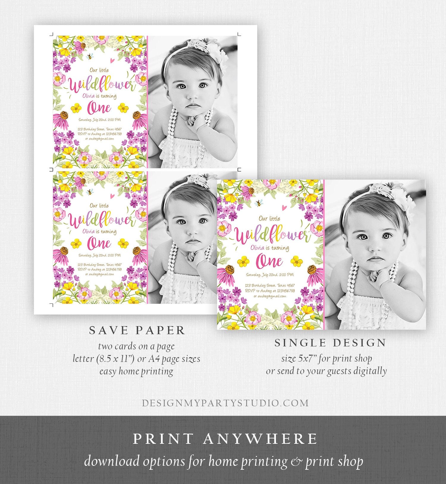 Editable Little Wildflower Birthday Invitation ANY AGE Floral Wild Flower Pink Girl First Birthday 1st Corjl Template Printable 0217