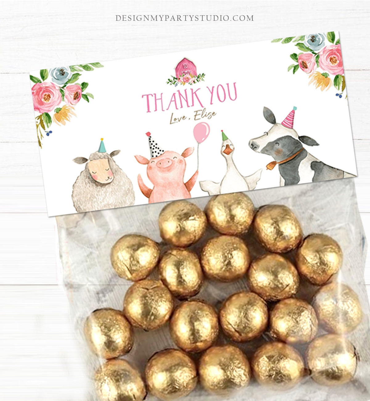 Editable Farm Animals Treat Bag Toppers Farm Birthday Thank you Barnyard Loot Bag Topper Pink Farm Girl Template Corjl PRINTABLE 0155