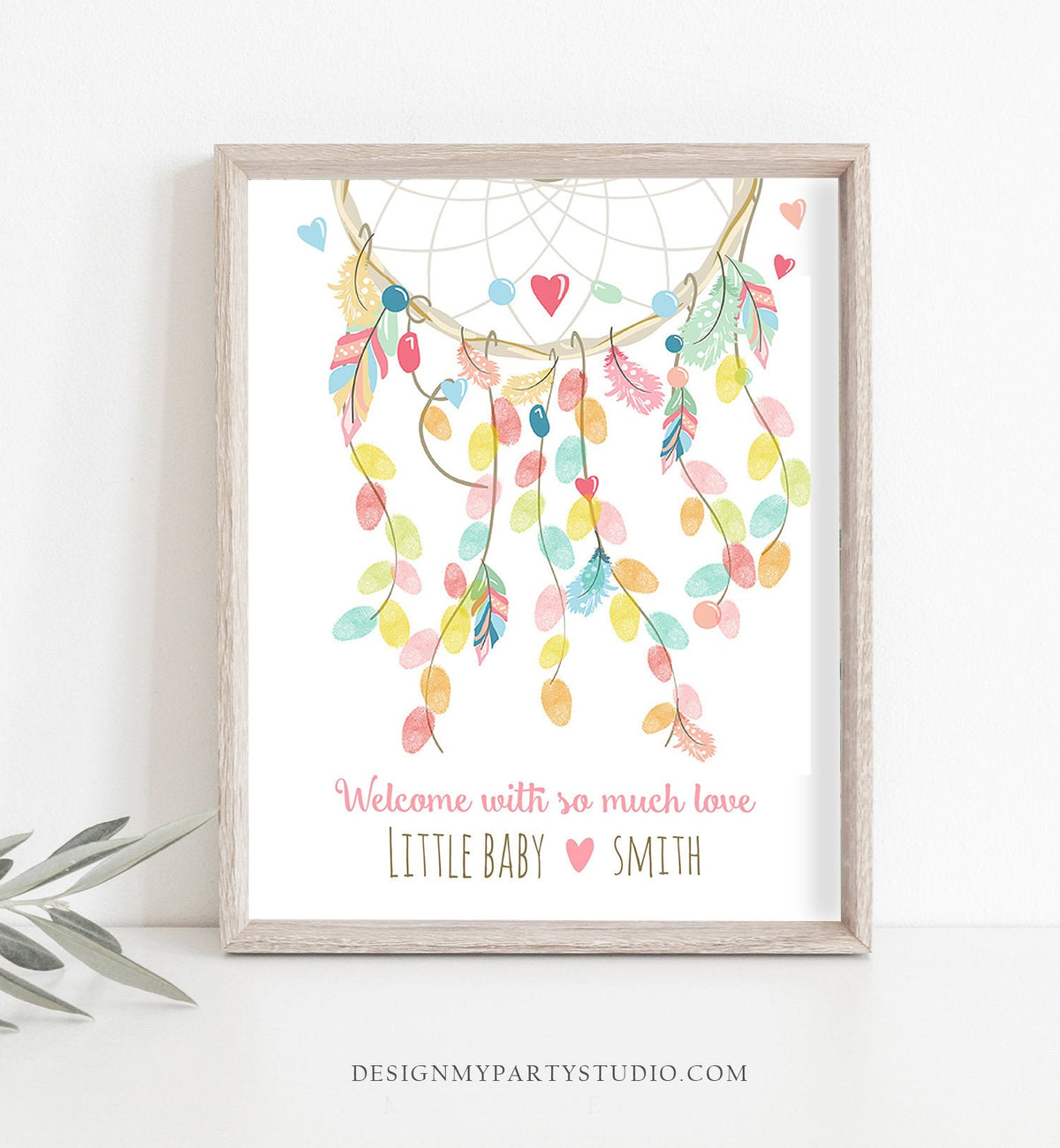 Editable Dreamcatcher Fingerprint Guestbook Thumbprint Guest Book Pink Shower Birthday Instant Download PRINTABLE Template Corjl 0062