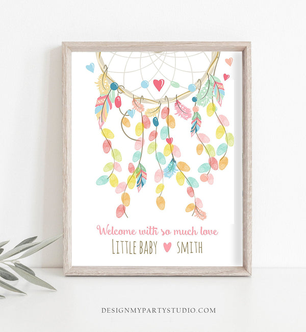 Editable Dreamcatcher Fingerprint Guestbook Thumbprint Guest Book Pink  Shower Birthday Instant Download PRINTABLE Template Corjl 0062