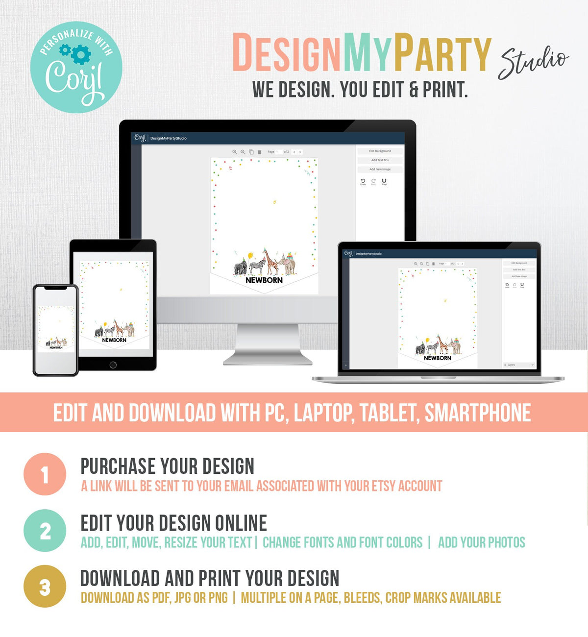 Editable Party Animals Monthly Photo Banner First Birthday Banner Party Safari Animals Banner Decor Confetti Digital Template Printable 0142