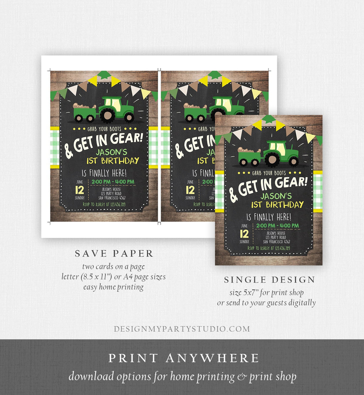 Editable Tractor Birthday Invitation Farm Birthday Barnyard Green Yellow Birthday Boy Download Printable Invitation Template Corjl 0095