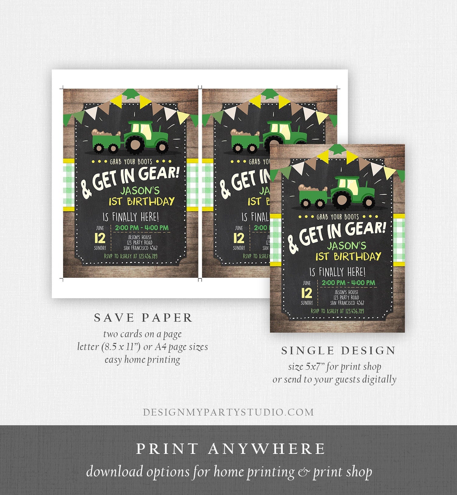 Editable Tractor Birthday Invitation Farm Birthday Barnyard Green Yellow Birthday Boy Download Printable Invitation Template Corjl 0095