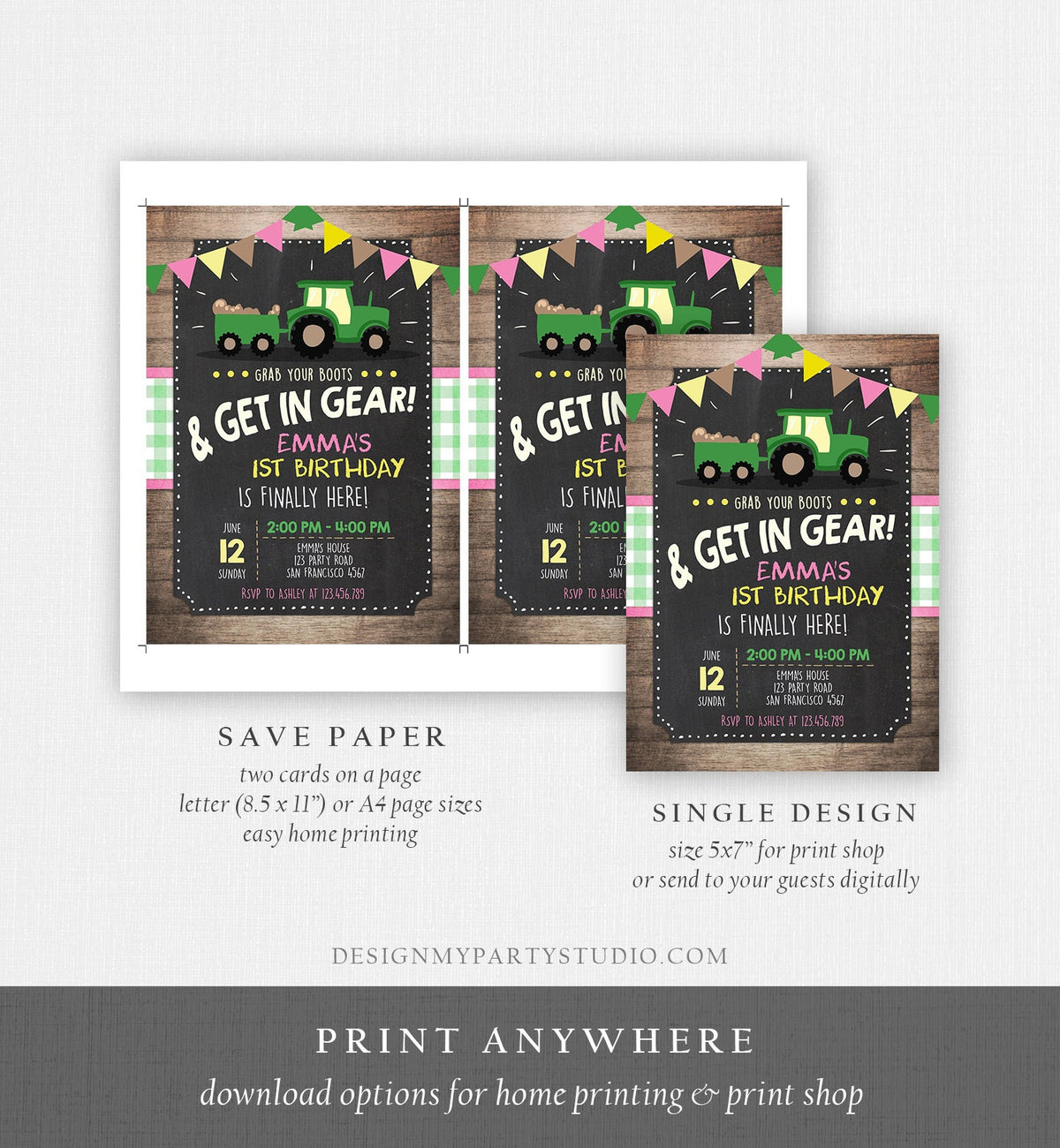 Editable Tractor Birthday Invitation Farm Birthday Barnyard Green Pink Birthday Boy Download Printable Invitation Template Corjl 0095