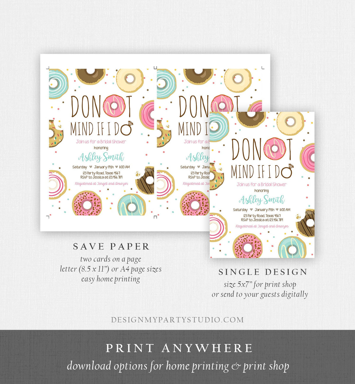 Editable Donut Mind If I Do Bridal Shower Invitation Sweet Pink Teal Ring Doughnut Donut and Diamonds Coed Joined Shower Corjl Template 0050