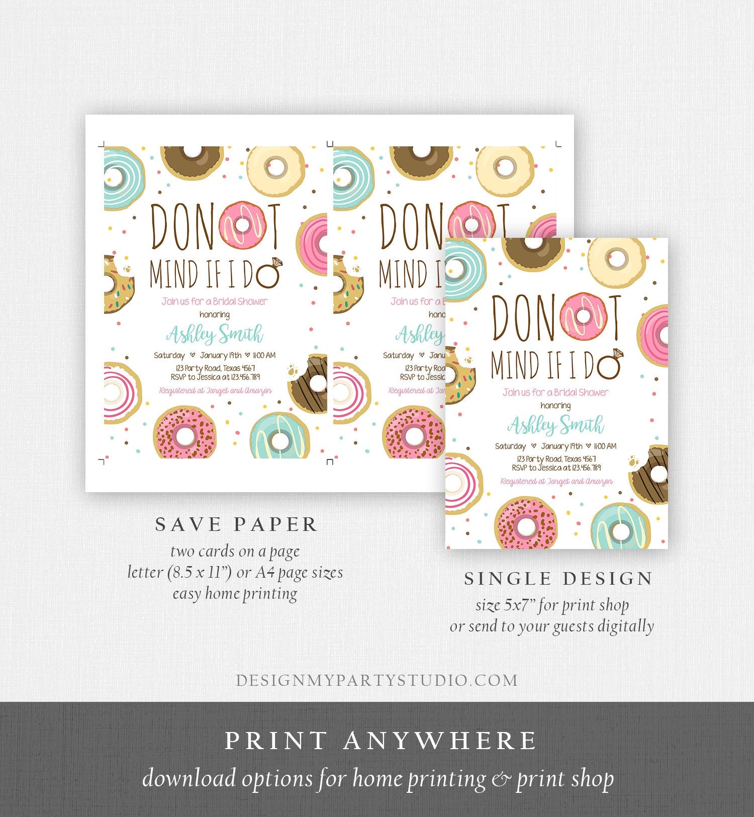 Editable Donut Mind If I Do Bridal Shower Invitation Sweet Pink Teal Ring Doughnut Donut and Diamonds Coed Joined Shower Corjl Template 0050