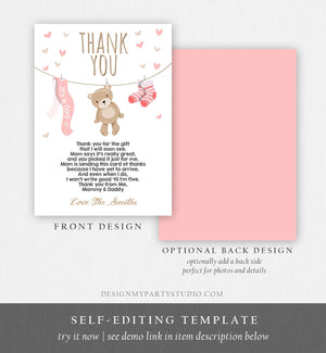 Editable Baby Shower Thank You Card Teddy Bear Thank You Note Shower Pink Girl Woodland Animals Template Instant Download Digital Corjl 0025
